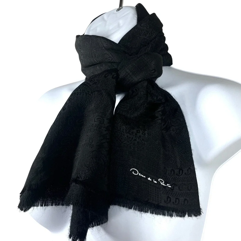 Oscan de la Renta Accessory Street Silk & Wool Black Jacquard Rectangular Scarf